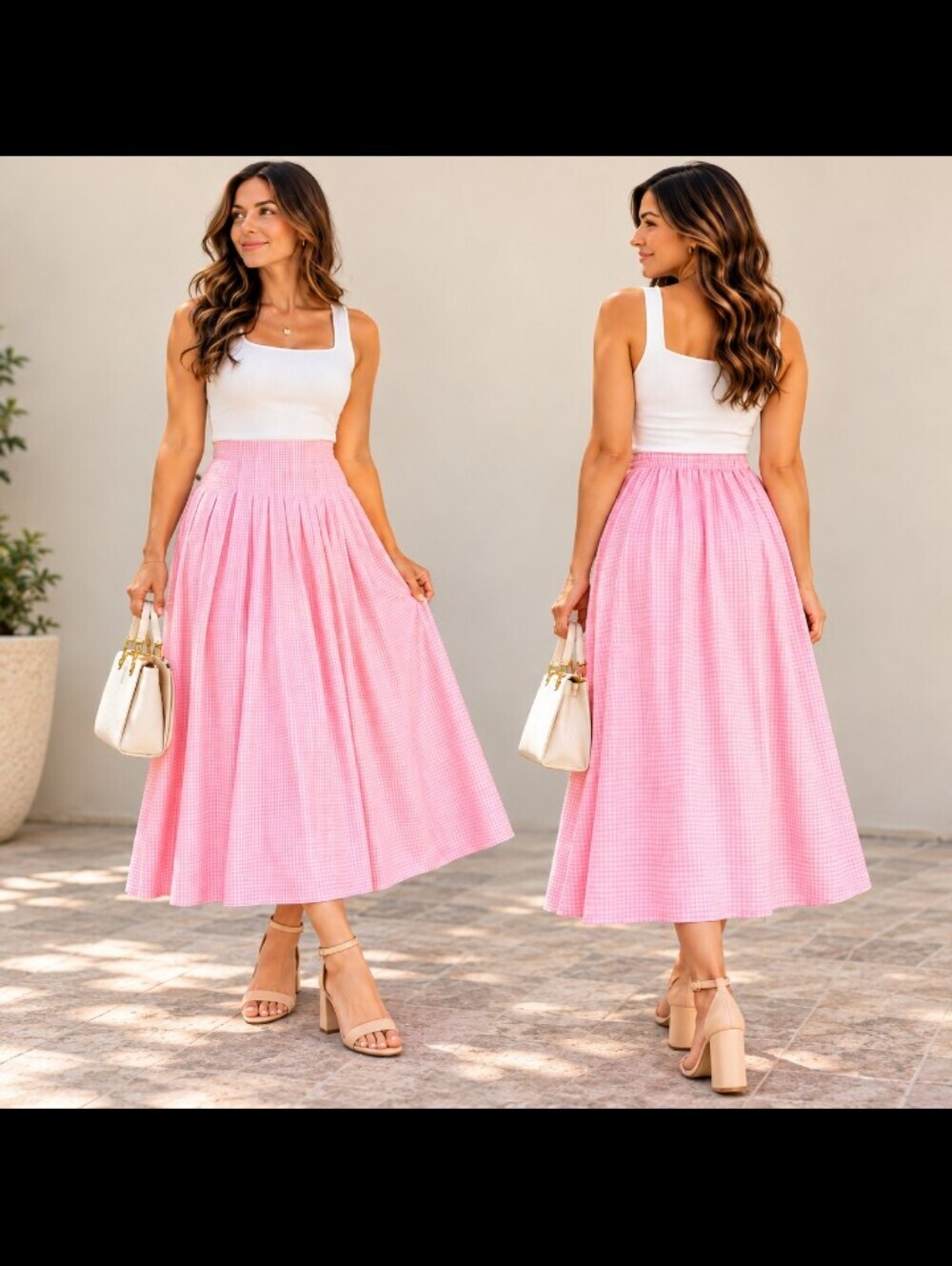 Mable Pink Women Gingham Skirt Pleaded Detail Size S
